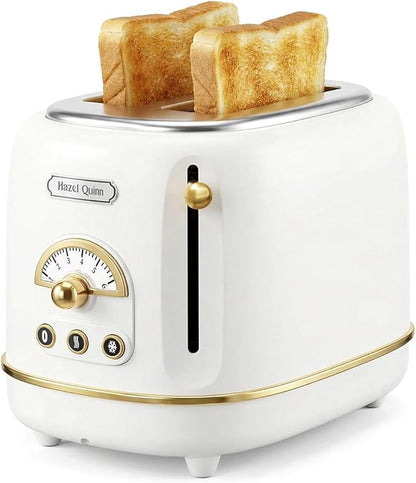 Hazel Quinn 2-Slice Retro Toaster, 6 Browning Levels, 3 Functions-Defrost/Reheat/Cancel, Removable Crumb Tray for Easy to Clean, 1.5 Inches Extra Wide Slots - Pearl White