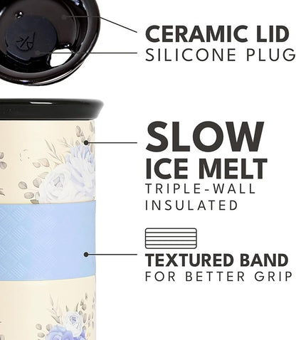 Elemental Artisan Insulated Tumbler, Triple Wall Coffee Travel Mug, Reusable Stainless Steel Coffee Tumbler with Ceramic Lid, Thermal Coffee Cups for Hot (6 Hrs) & Cold (18 Hrs), 16oz - Blue Blooms