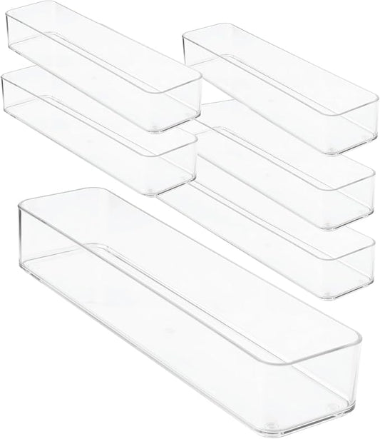 primebox Plastic Clear Drawer Organizers. Bathroom, Kitchen, Bedroom, Gadgets, Office Organizer Bins, Storage Trays. Heavy Duty, Stackable. 12" x 3" x 2" Set of 6