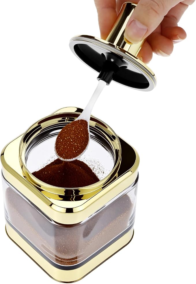QWORK Glass Condiment Jars with Spoon, 2 Pack 12oz Spice Containers with Gold Lid, Sugar Dispense, Kitchen Containers, Seasoning Box Set for Sugar, Salt, Coffee, Flour & Kitchen Storage