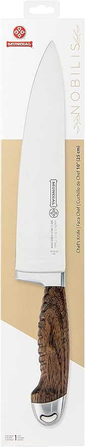 Mundial Nobilis Series, 10-Inch Chef’s Knife - Stainless Steel Blade with Ergonomic Wood Handle, Ideal for Cutting Meats, Durable & Corrosion-Resistant