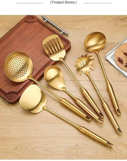 Premium 7-Piece Gold Kitchen Utensil Set with Stand, Stainless Steel Cooking Tools- Dishwasher Safe Ladle, Spoon, Spatula, Pasta Fork, Luxury Brass Kitchen Accessories for Home Chefs (Gold)