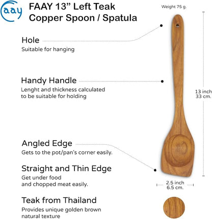 FAAY Left-Hand Wooden Chopper – 13.5” Teak Meat Chopper for Left-Handed Cooking, Flat-Edge Tool for Breaking Up Ground Beef, Scraping & Stirring, Handcrafted Thai Teak, Safe for Nonstick Cookware