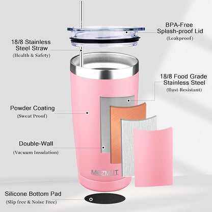 MEZMUT 20oz Tumbler Coffee Travel Mug with Daul Lid and Straw, Stainless Steel Double Wall Vacuum Spill Proof Insulated Tumbler, Hot or Iced Coffee Cups for Drinks (1Pack, Light Pink)