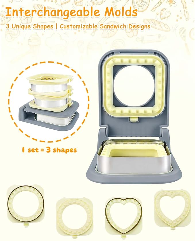 CHICHAUS Uncrustable Sandwich Maker,Sandwiches Pocket Circle Shape 3.7Inch Sandwich Cutter and Sealer,Sandwich Cutter for Kids Breakfast and lunchboxes (3-Shape Grey)