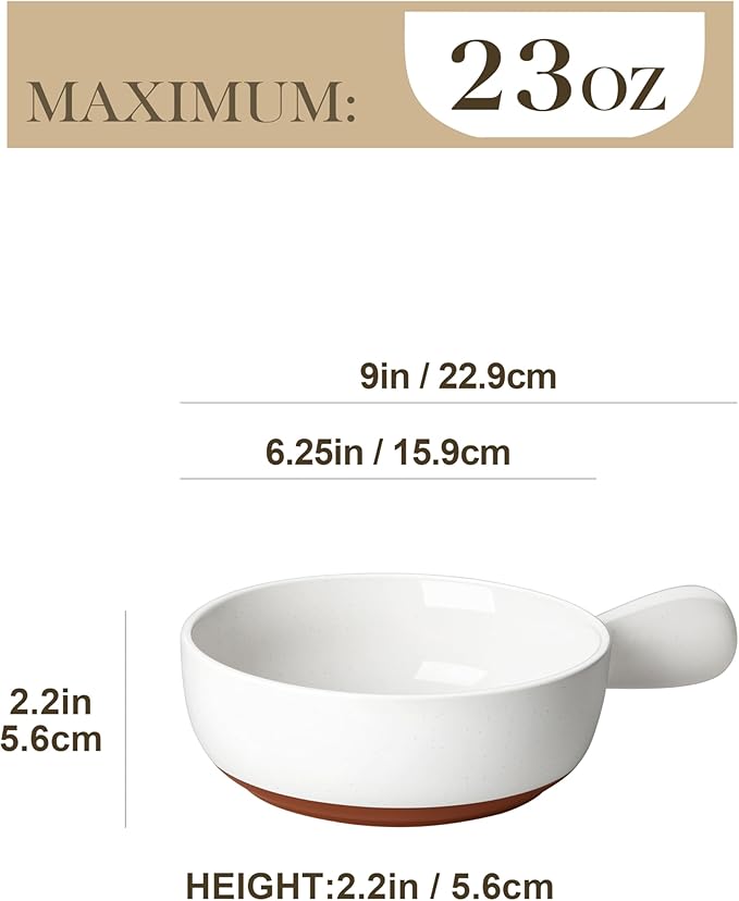 MALACASA 23 Oz French Onion Soup Bowls With Handles, Ceramic Soup Crocks for Cereal, Pasta, Beef Stew, Chilli, Oven Microwave Dishwasher Safe, Set of 4, White, Series TARA