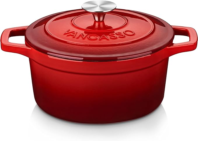 vancasso Enameled Cast Iron Dutch Oven, 3.5 QT Small Dutch Oven with Lid and Dual Handles, Round Enamel Dutch Oven Pot for Cooking, Red