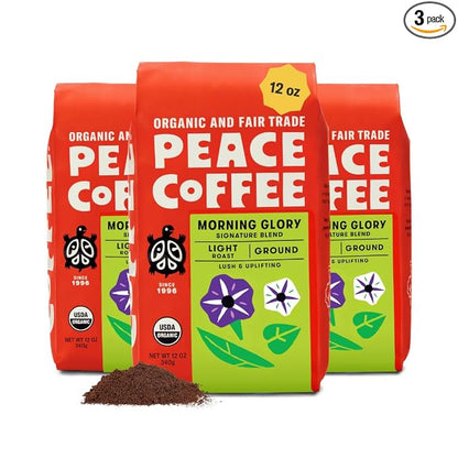 Peace Coffee Morning Glory Signature Blend Ground Light Roast Coffee, 12 oz, Pack of 3, Organic Fair Trade, Smooth, Mild Flavor, Shade Grown, Fresh Roasted