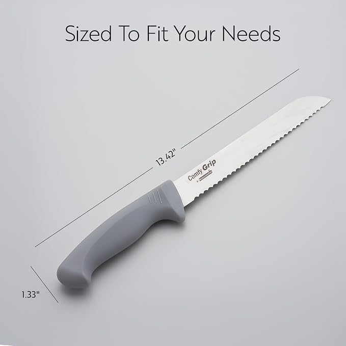 Restaurantware Comfy Grip 8 Inch Bread Knife 1 Sharp Serrated Knife - Ergonomic Handle Non-Slip Grip Gray Stainless Steel Bread Cutting Knife Dishwashable Slice All Types Of Bread