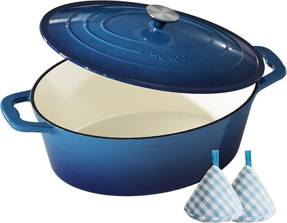 Enameled Cast Iron Dutch Oven - 9.3QT Dutch Oven Pot with Lid & Cotton Potholders - Heavy-Duty Non Stick Casserole Pot for Braising, Stews, Roasting, Baking, Suitable for All Stovetops, Navy Blue