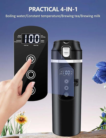 Intelligent 12V Car Electric Kettle with Touchscreen, 13.5oz Travel Kettle, 304 Stainless Steel, Leak-Proof Lid, Variable Temperature (113-212°F) for Coffee, Tea & Milk – Ideal for Trucks, Buses, Cars