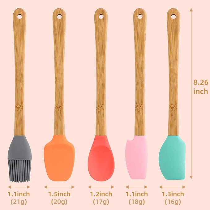 5 Piece Silicone Spatula,Mini Rubber Spatula Wooden Handle,Heat Resistant Silicone Spatula Set,Kitchen Utensils Non-Stick For Baking,Cooking And Mixing