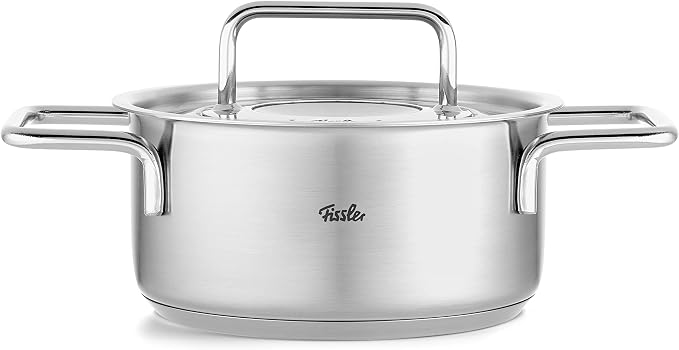 Fissler Pure Collection 6-Piece Stainless Steel Saucepan Set with Metal Lids (3 Saucepans, 1 Stewing Pan 1 Saucepan 1 Stainless Steel Care) - Induction, Silver