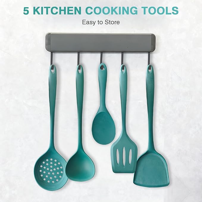 5-Piece Silicone Cooking Utensil Set, Food Grade Non-Stick Spatula and Ladle Set for Kitchen - Dishwasher Safe, Heat Resistant, Easy to Clean (Deep Green)
