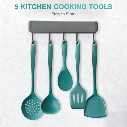 5-Piece Silicone Cooking Utensil Set, Food Grade Non-Stick Spatula and Ladle Set for Kitchen - Dishwasher Safe, Heat Resistant, Easy to Clean (Deep Green)
