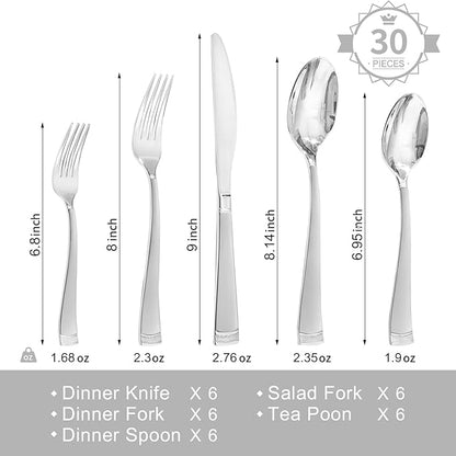 KINGSTONE Silverware Set, 30-Piece Flatware Set for 6, 18/10 Stainless Steel Cutlery Set with Bead Edge, Utensil for Kitchen, Home, Party, Wedding, Matte Silver, Dishwasher Safe