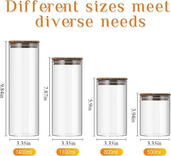 Qinyoung Glass Storage Jars with Wooden Lids, 4 Sizes Food Storage Containers Clear Stackable Canisters Airtight Glass Jars for Candy Cookie (Clear, Dark Brown, 15oz 25oz 34oz 42oz, 24 Pcs)