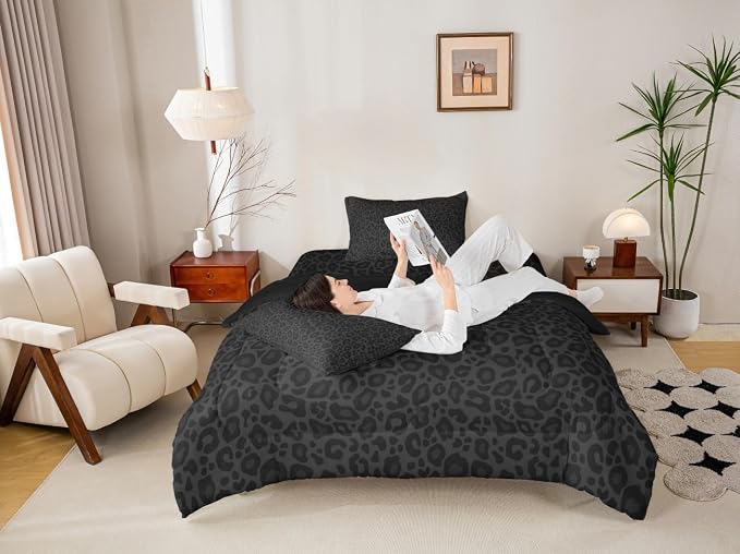 Manfei Black Wild Animal Skin Boys Girls Comforter Set Full Size Leopard Print Duvet Set Teens Bedroom Decor African Cheetah Wildlife Microfiber Soft Bedding