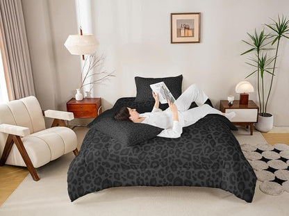 Manfei Black Wild Animal Skin Boys Girls Comforter Set Full Size Leopard Print Duvet Set Teens Bedroom Decor African Cheetah Wildlife Microfiber Soft Bedding