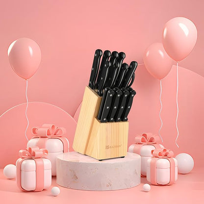 19-Piece Knife Set, German Steel, Durable and Dishwasher Safe, Knife Sets for Kitchen with Block Sets with Built-in Sharpener for Chopping, Slicing, Dicing&Cutting