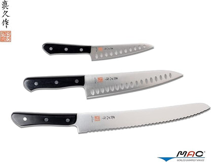 MAC Knife Chef series 3-piece starter knife set CHEF-32, TH-80 Chef series 8" dimpled Chef's knife, TH-50 Chef series 5" dimpled Paring knife, SB-105 Superior series 10.5" Bread knife, made in Japan