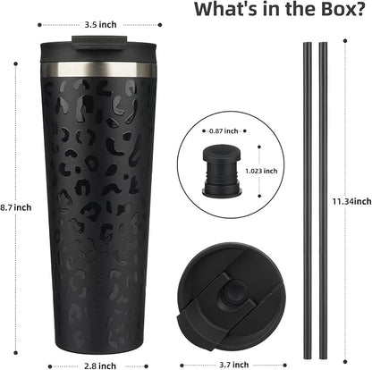 BJPKPK 26oz Insulated Tumbler With lid And Straw Stainless Steel Tumblers Travel Coffee Mug Reusable Thermal Cup,Black Leopard