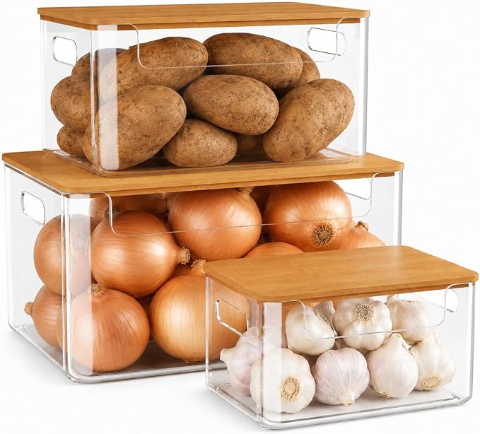 3 Pack Pantry Organizers and Storage Bins with Bamboo Lids,Trash Bag Holder | Stackable Containers for Potato,Onion,Fruit,Vegetable,Clear Dispenser for Kitchen Countertop,Cabinet and Under Sink