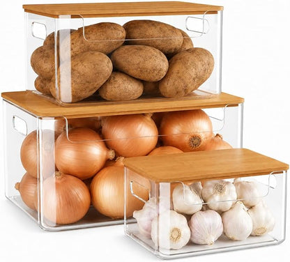 3 Pack Pantry Organizers and Storage Bins with Bamboo Lids,Trash Bag Holder | Stackable Containers for Potato,Onion,Fruit,Vegetable,Clear Dispenser for Kitchen Countertop,Cabinet and Under Sink