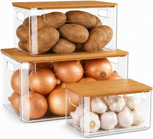3 Pack Pantry Organizers and Storage Bins with Bamboo Lids,Trash Bag Holder | Stackable Containers for Potato,Onion,Fruit,Vegetable,Clear Dispenser for Kitchen Countertop,Cabinet and Under Sink