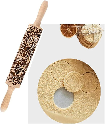 MIZORLIE 14.9"Paisley Engraved Embossed Rolling Pin, Christmas Snowflake Flower Pattern, Wooden Laser Engraved 3D Rolling Pin for Making Cookie Dough Crusts Pies Pastry