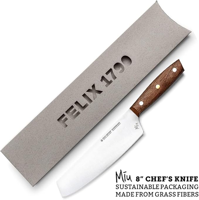 Zepter Felix MIU Chef Knife, 8in long global kitchen knife. Butcher knife for meat cutting, vegetable&bread slicing. Chef's walnut handle, sharp carbon steel, handmade Germany cooking tools est. 1790