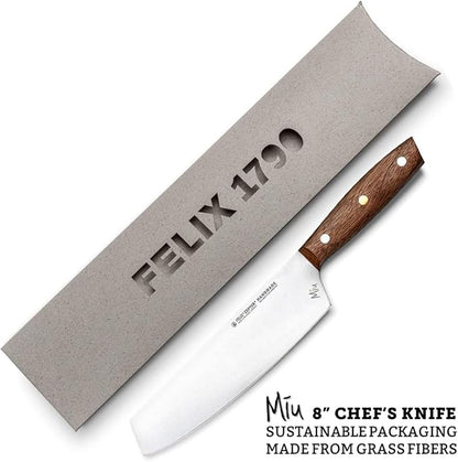 Zepter Felix MIU Chef Knife, 8in long global kitchen knife. Butcher knife for meat cutting, vegetable&bread slicing. Chef's walnut handle, sharp carbon steel, handmade Germany cooking tools est. 1790