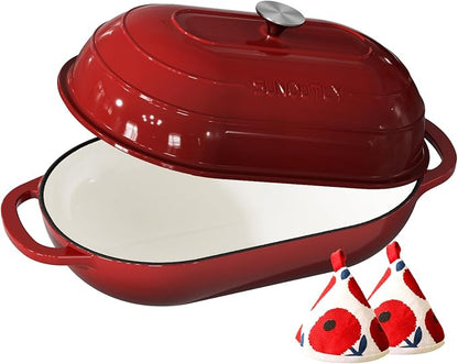Enameled Cast Iron Bread Oven, 5QT Cast Iron Dutch Oven for Homemade Sourdough Bread Baking, Oval Bread Pot with Dome Lid & Cotton Potholders, Cherry Red