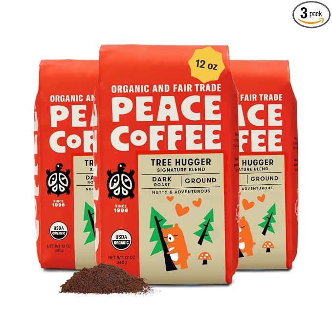 Peace Coffee Tree Hugger Signature Blend Ground Dark Roast Coffee, 12 oz, Pack of 3, Organic Fair Trade, Nutty, Smooth Flavor, Shade Grown, Fresh Roasted