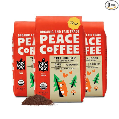 Peace Coffee Tree Hugger Signature Blend Ground Dark Roast Coffee, 12 oz, Pack of 3, Organic Fair Trade, Nutty, Smooth Flavor, Shade Grown, Fresh Roasted
