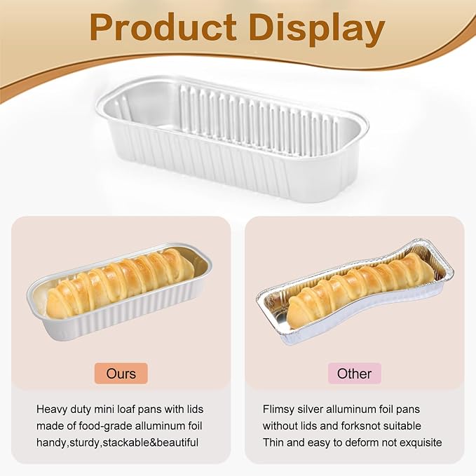 Mini Cake Pans With Lids And Spoons 50 Pack,6.8 oz Rectangle Mini individual Loaf Pans, Disposable Aluminum Foil Small Baking Cups Tins, Baking Containers for Xmas, Party and Picnics (White)