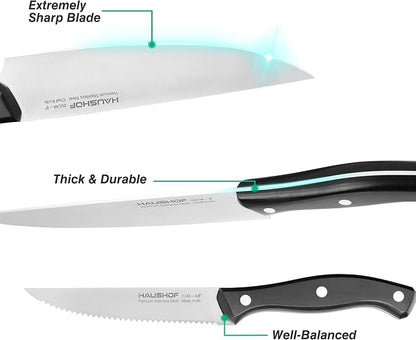 HAUSHOF 14 PCS Kitchen Knife Set With Block Wooden, Razor-Sharp Stainless Steel, Forged Triple Rivet, Chefs, Santoku, Slicing, Utility & 6 Steak Knives, Black