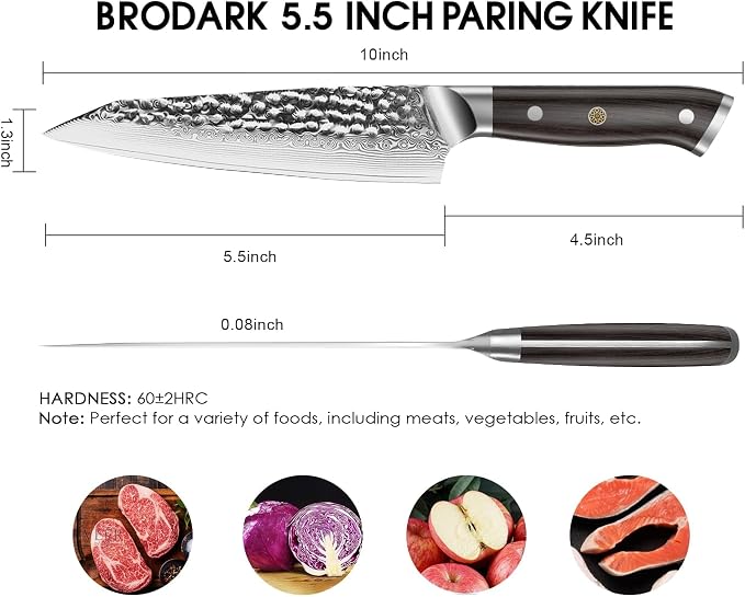 BRODARK Paring Knife, Damascus Utility Knife 5 inch, Japanese VG10 Steel Core Ultra Sharp Peeling Knife with Ebony Handle, Hand Made with Gift Box, Holiday Gifts