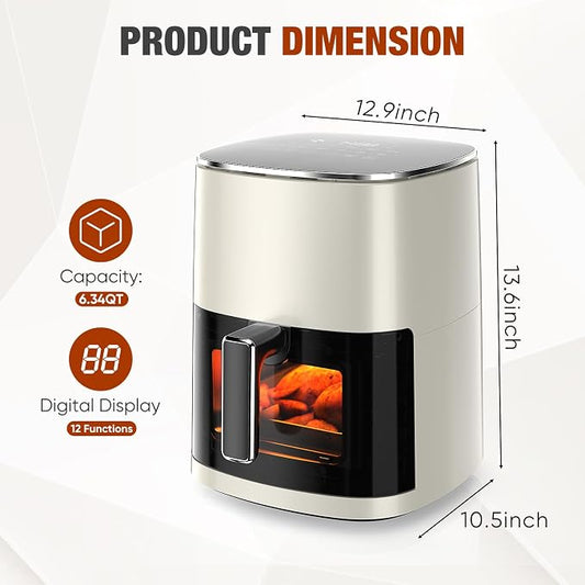 NEWBULIG Air Fryer 6.34 Quarts, Airfryer with Visual Window, 400℉ Fast Heating Air Fryers Oven with Timer, Auto-Off, Non Toxic & Non Stick, Multiple 12 Modes for Roast, Bake, Dehydrate, Fry, Reheat
