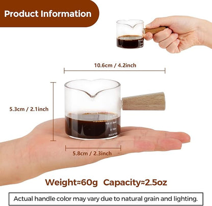YARRAMATE 2.5 oz/75ML Espresso Shots Cup with Wooden Handle, Clear Glass Demitasse Cup with Dual Scale Markings for Coffee Extraction (2 Pack, Double Spout)