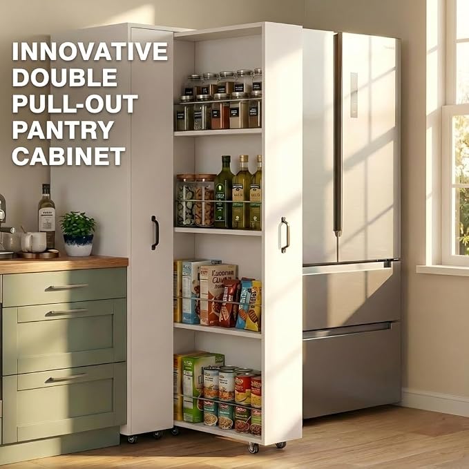 Double Pull Out Pantry Cabinet, Slim Rolling Storage Cart for Kitchen & Home Office, 8-Tier Wood Rolling Pantry Cart Gap Filler for Laundry Room, Dustproof Slide Out Organizer, 62" H White