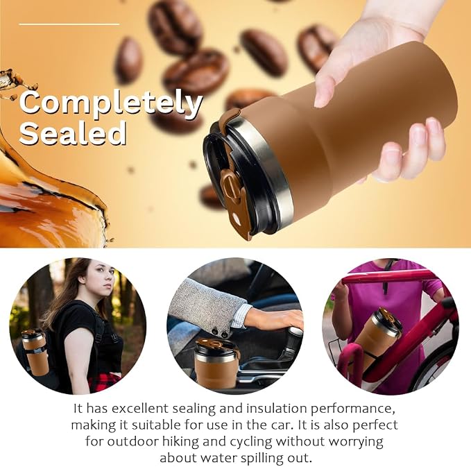 SPLMIFA Travel Coffee Mugs Leak-Proof, Reusable Coffee Cups with Lids, Stainless Steel Vacuum Insulated Coffee Tumblers, Thermal Insulation Cups for Men and Women Hot & Cold Drinks(4th-Brown, 16OZ)