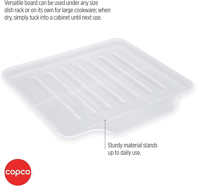 Copco Small Clear Drain Board Fits Under Any Small Dish Rack to Catch Water or for Larger Pots Alone, Angled Base Allows for Self Draining with Raised Ribs to Prevent Water from Puddling