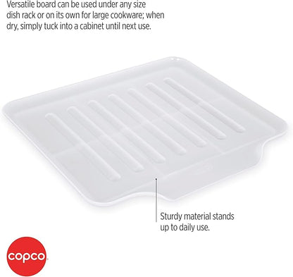 Copco Small Clear Drain Board Fits Under Any Small Dish Rack to Catch Water or for Larger Pots Alone, Angled Base Allows for Self Draining with Raised Ribs to Prevent Water from Puddling