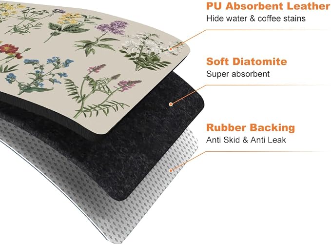 LOKHOM Dish Drying Mat for Kitchen Counter, 17"x28" Absorbent Coffee Bar Mat with Vintage Sage Flower Herbs, Dish Drainer Rack Mat for Kitchen Counter
