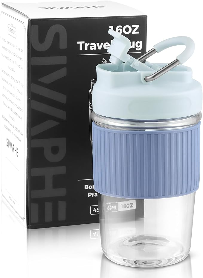 Sivaphe Reusable Glass Coffee Cup 16 oz, Portable Travel Mug with Spill-Proof Lid and Protect Sleeve for Home Office Blue