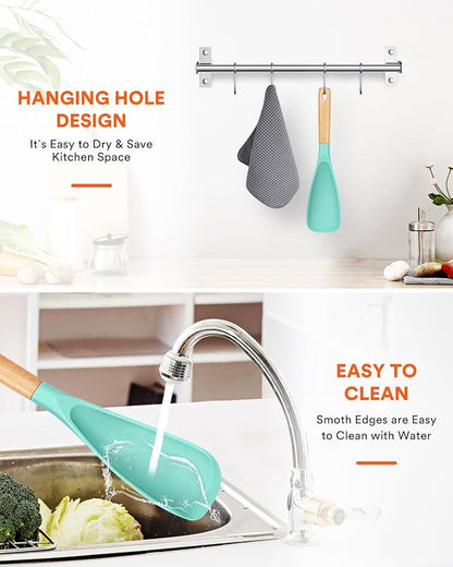 Cooking Spoon for Nonstick Cookwares, Great for Cooking and Serving Sturdy BPA-Free Matte Silicone, Wood Handle Spoon for Mixing, Scoop, and Scrape (GREEN, 11.4 inch)