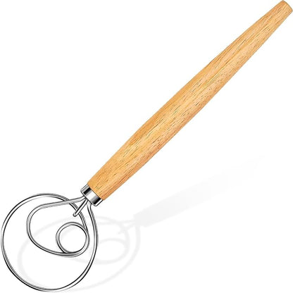 Hand Whisk Stainless Steel Dough Hook Dutch Whisk for Sourdough Bread Dough Mixer Hand Wooden Handle Kitchen Whisking Mixing Tool Bread Making Tools (1 eye)