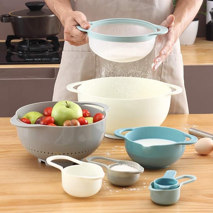 Plastic Mixing Bowls - Multicolored Mixing Bowl Set of 8, Nest for Easy Storage, Inculding Measuring Cups, Colander, Sifter, Large Bowl, Great for Cooking and Baking, Rv Camping Accessories, No BPA