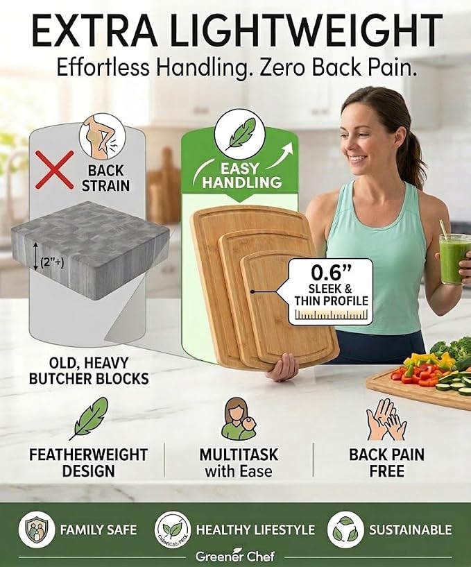 Greener Chef Luxury Bamboo Cutting Board Set of 3 with Glue-Free Surface Technology - Extra Spacious Wood Cutting Boards for Kitchen and XL Chopping Board Set - Replacements for Life